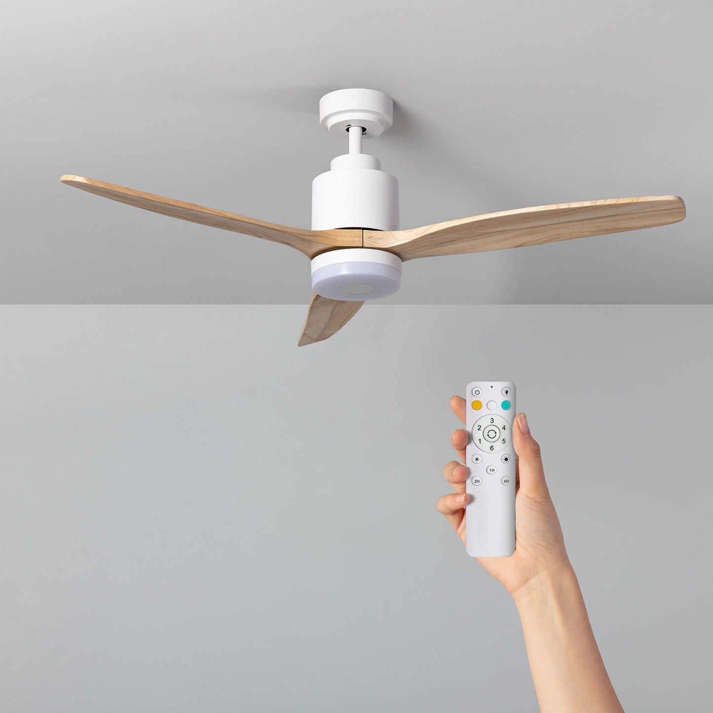 Ventilateur de Plafond LED Mersin Blanc Bois 132cm Moteur DC