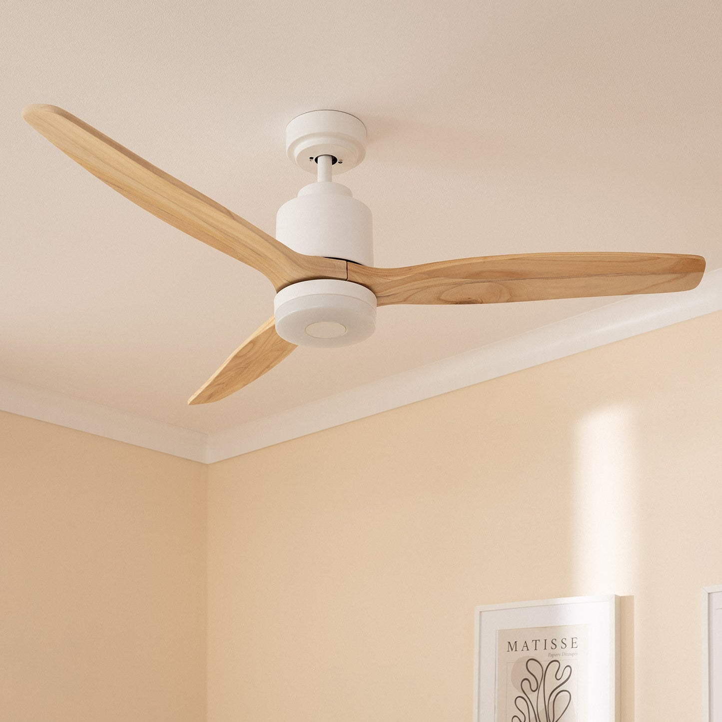 Ventilateur de Plafond LED Mersin Blanc Bois 132cm Moteur DC