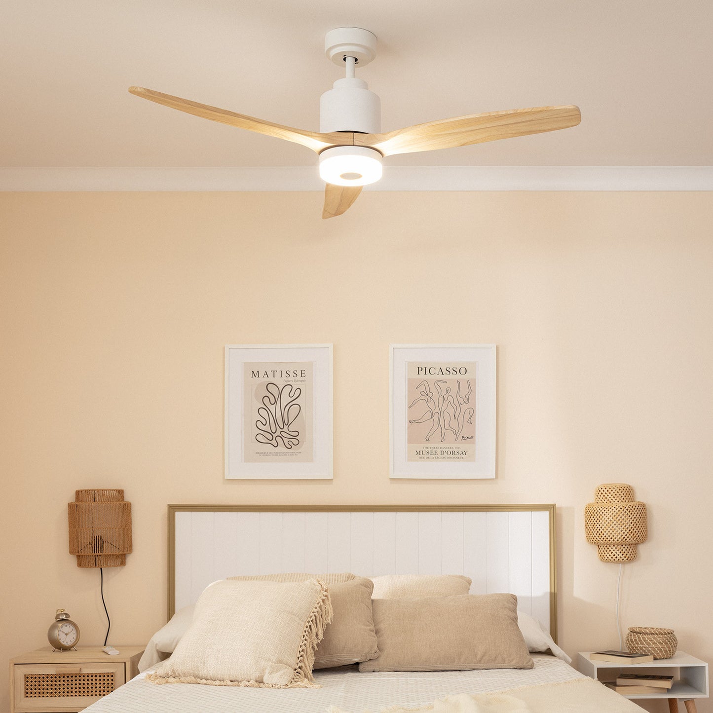 Ventilateur de Plafond LED Mersin Blanc Bois 132cm Moteur DC