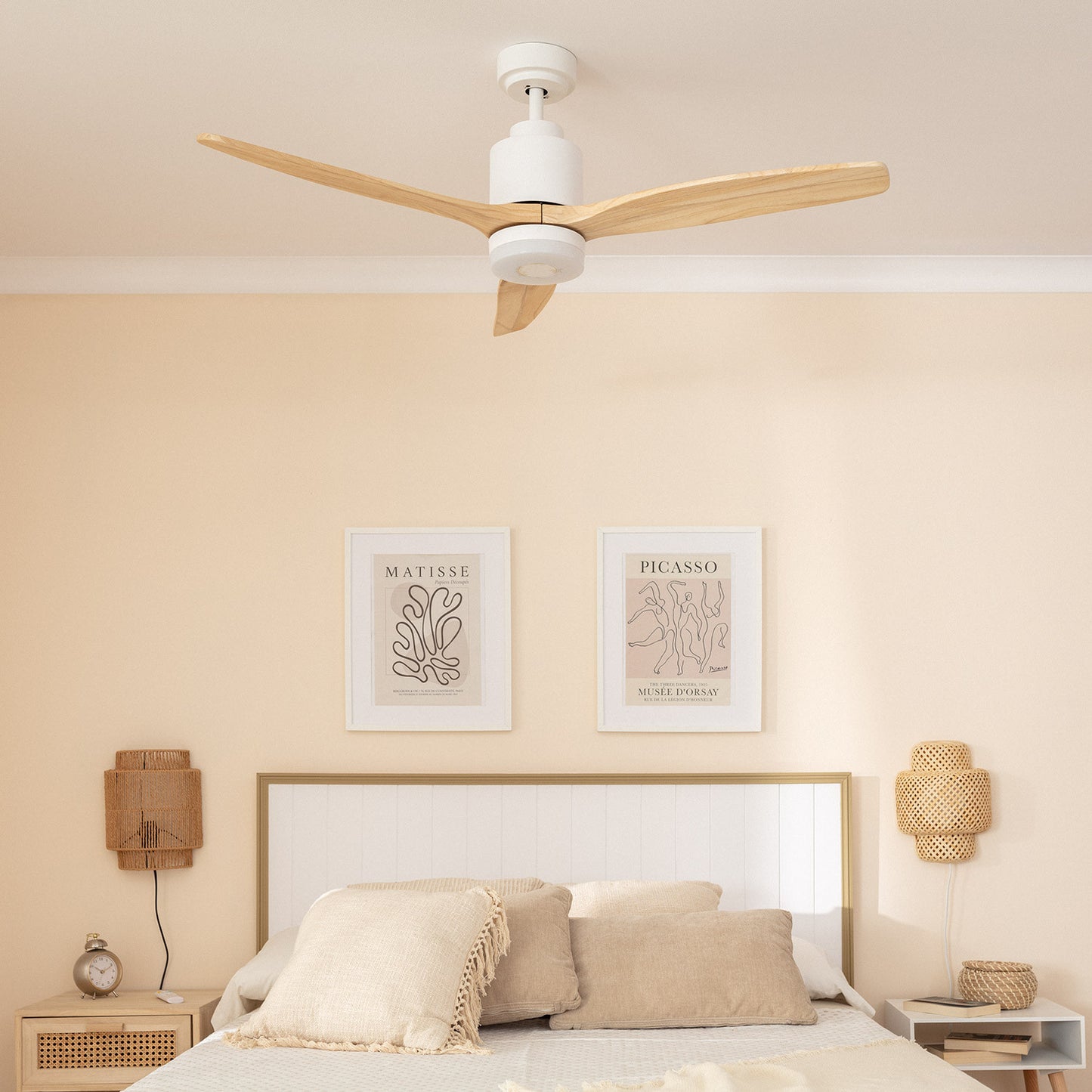 Ventilateur de Plafond LED Mersin Blanc Bois 132cm Moteur DC